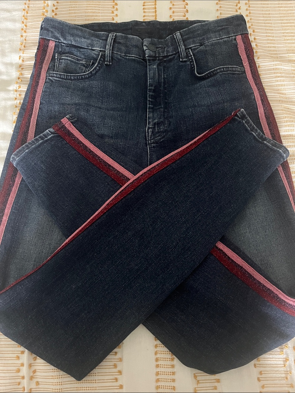 MOTHER Dark Wash Skinny Jeans with Pink & Burgundy Side Stripes